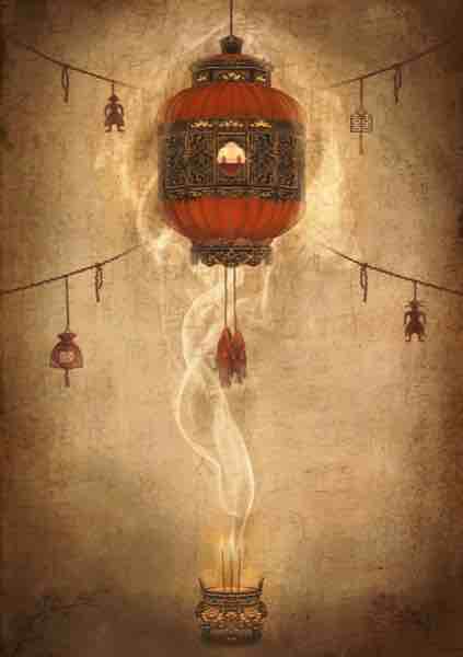 Bury Me Before You Marry Me vertical poster — a red Chinese lantern hanging above a bronze incense burner with rising smoke, surrounded by double-happiness charms and paper effigies on aged parchment with Chinese characters